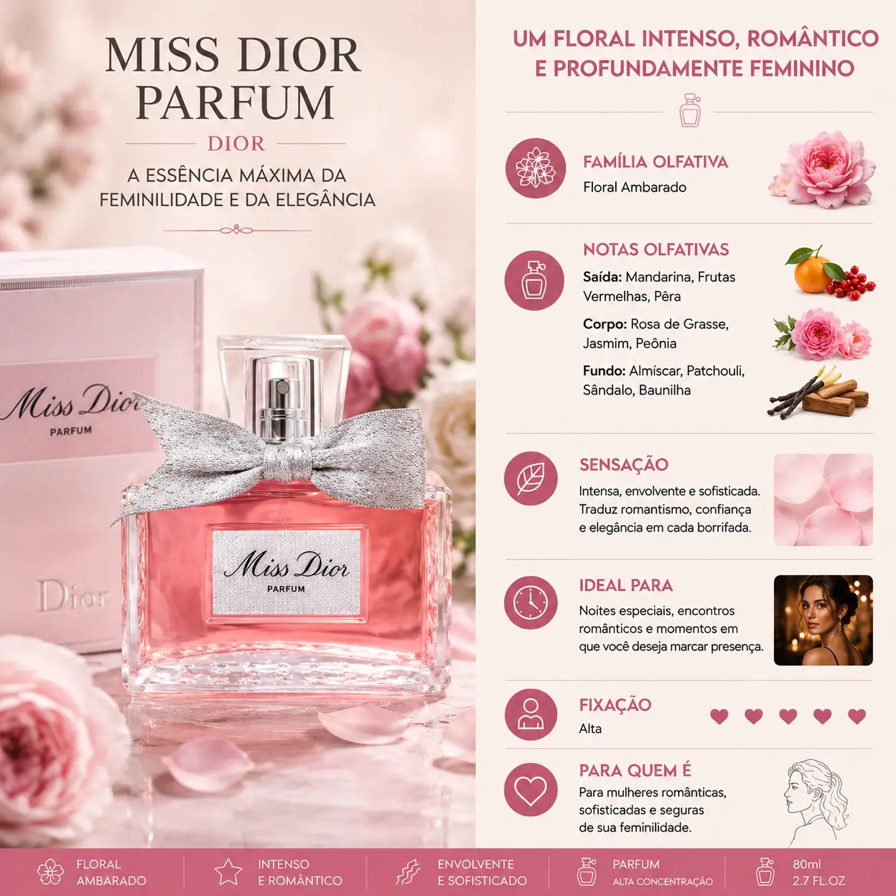 Perfume Miss Dior Parfum com frasco rosa e laço elegante representando a linha Miss Dior