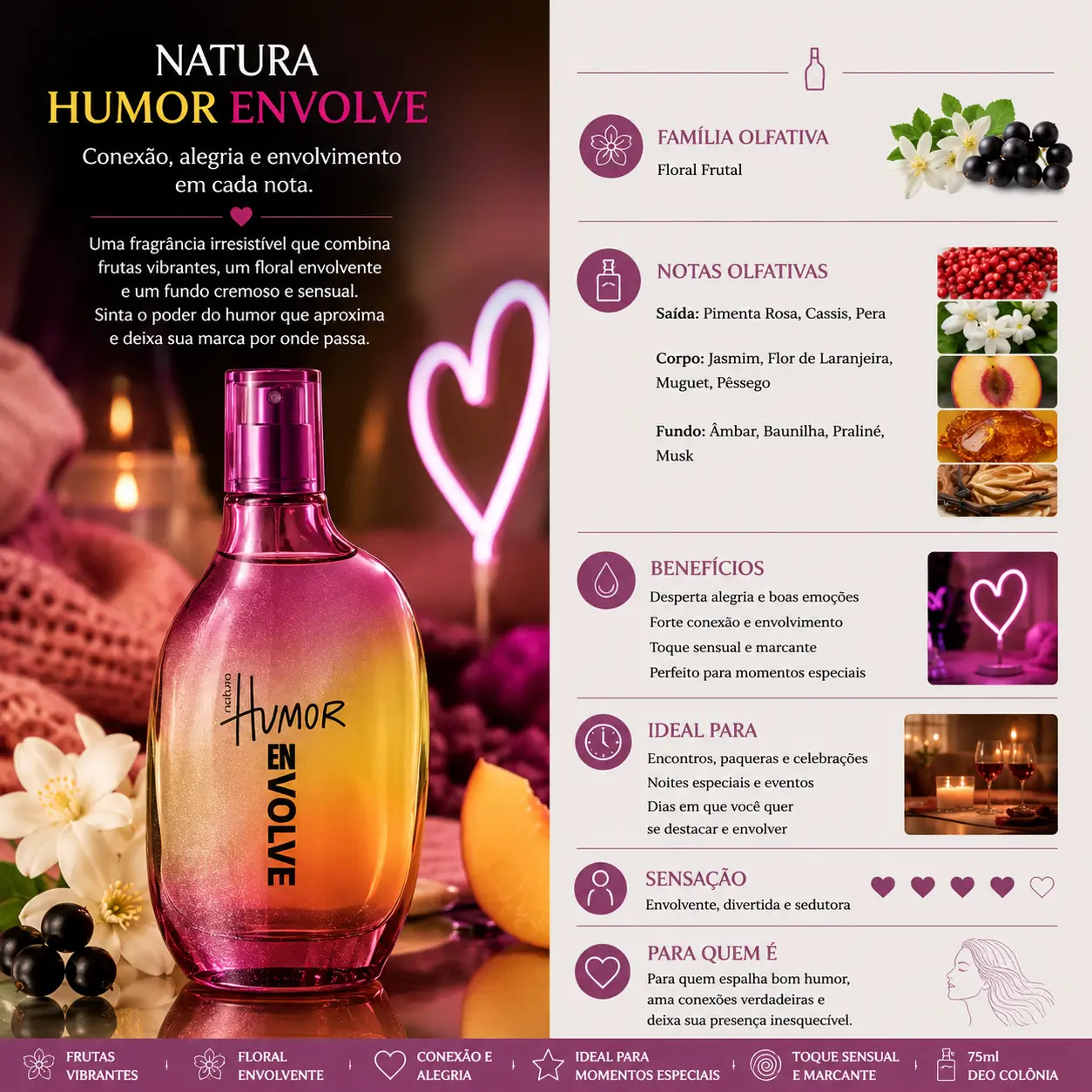 Natura Humor Envolve em cenário acolhedor e sensorial com flores, frutas e luz suave para o artigo Natura Humor vale a pena