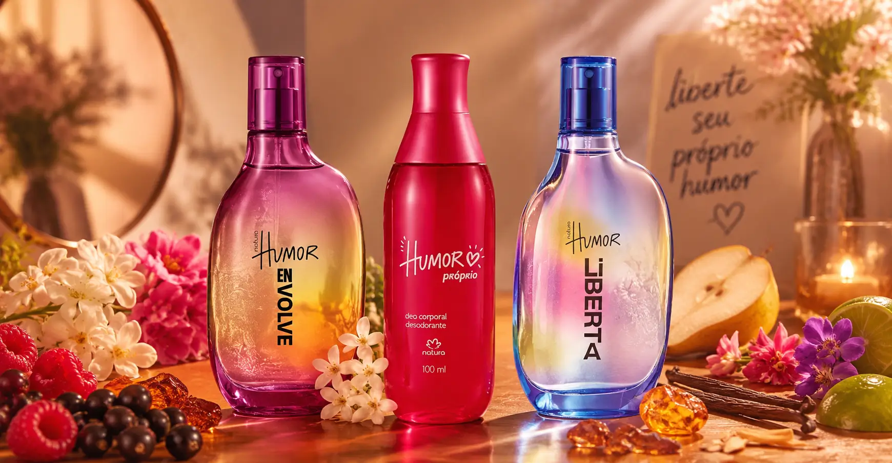 Perfumes Natura Humor Envolve, Humor Próprio e Humor Liberta em cenário sensorial aconchegante com frutas, flores e elementos naturais