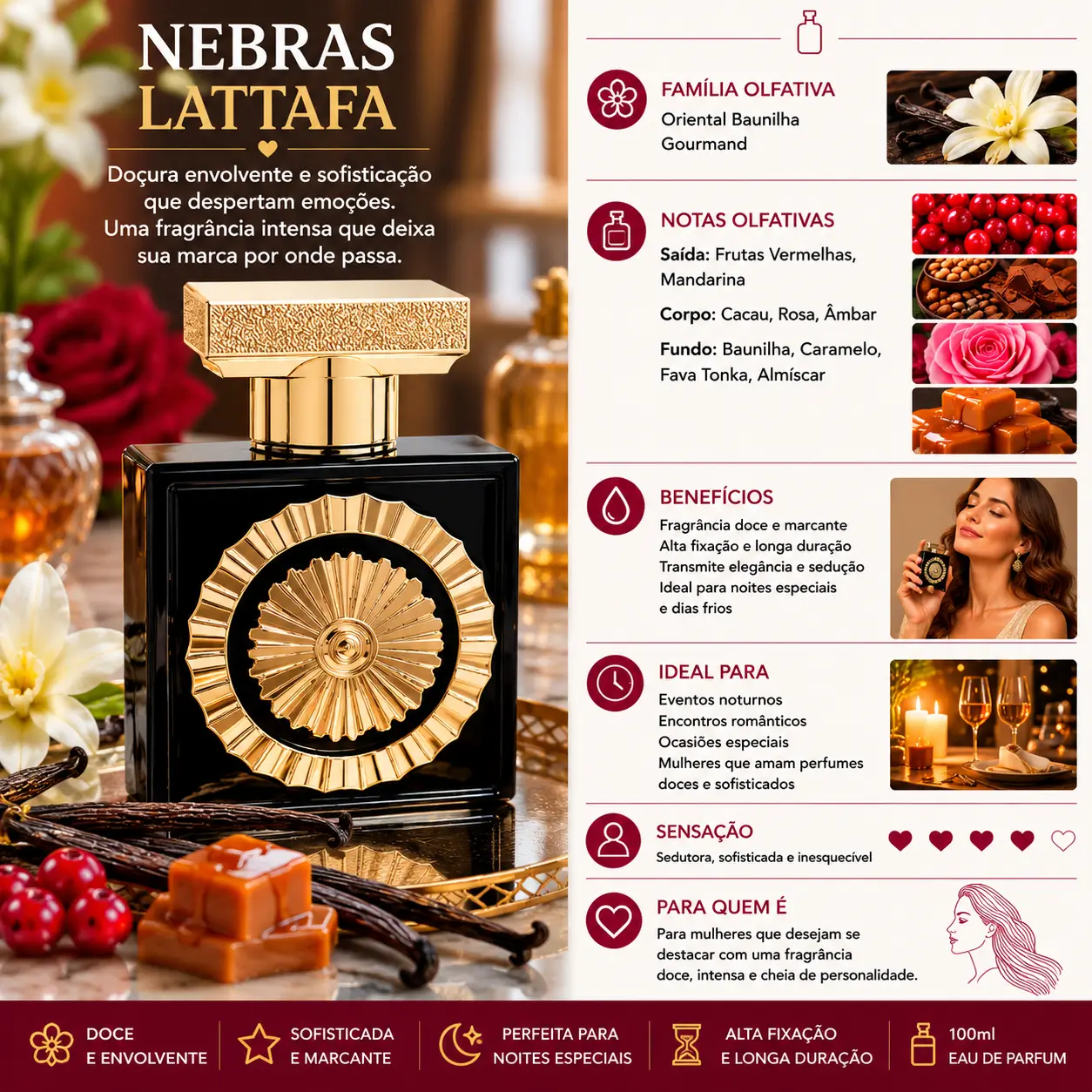 Perfumes com cheiro de licor Nebras Lattafa em cenário sofisticado com notas de baunilha, caramelo e frutas vermelhas, transmitindo elegância e intensidade.