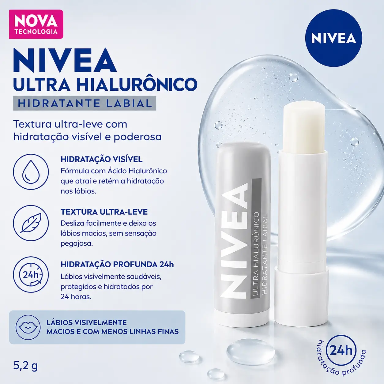 NIVEA Hidratante Labial Ultra Hialurônico para lábios ressecados no inverno, com hidratação profunda e efeito prolongado