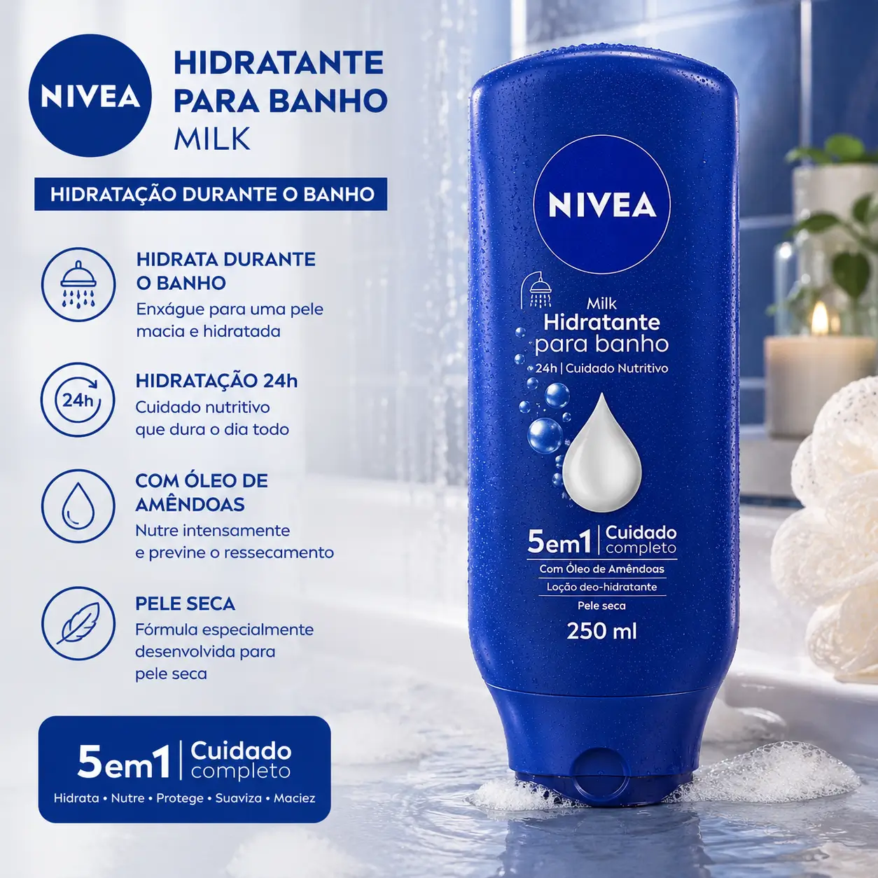 Banho Quente no Inverno com hidratação durante o banho: NIVEA Hidratante para Banho Milk em cenário úmido com espuma e água.
