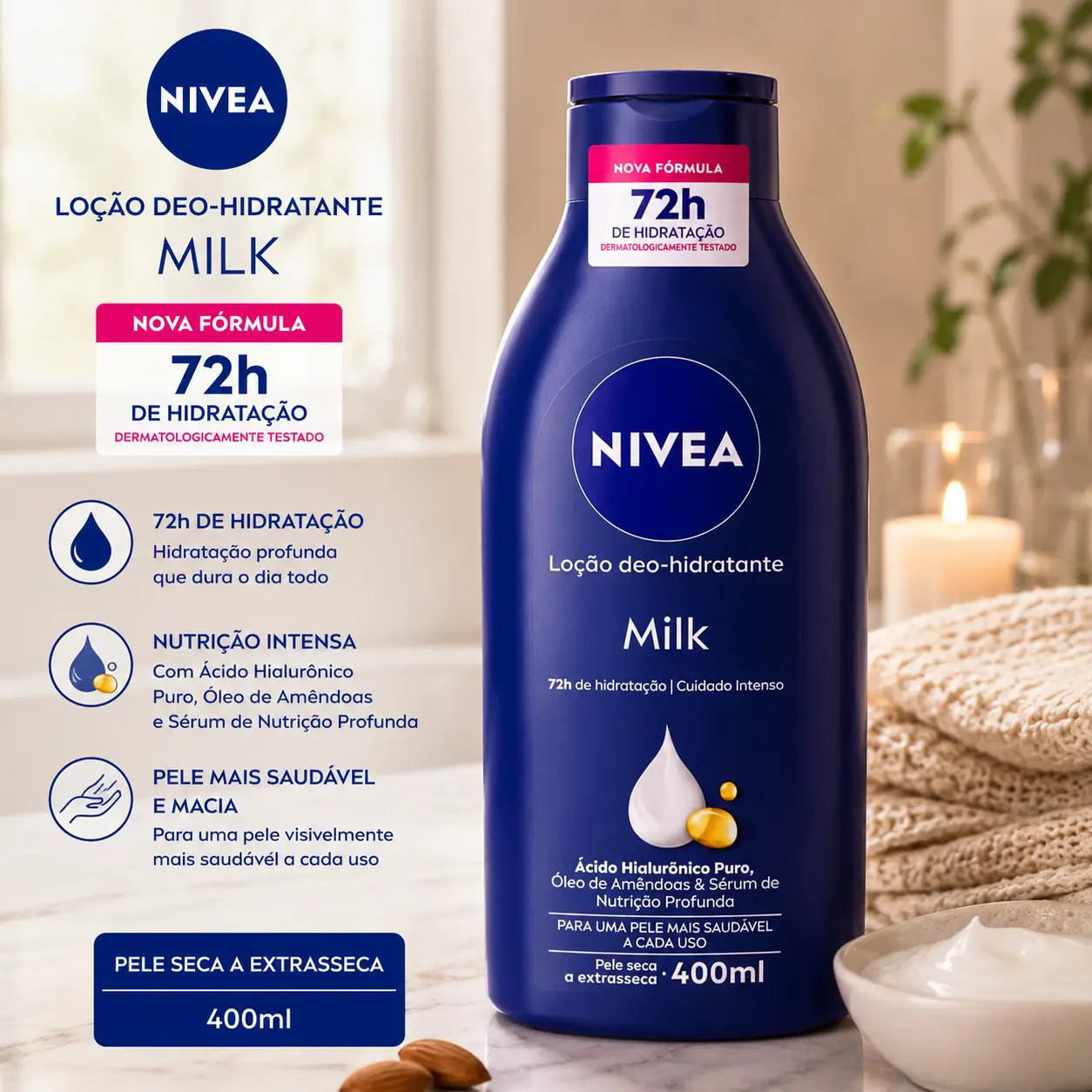 Melhor Hidratante Corporal para o Inverno NIVEA Milk loção deo-hidratante para pele seca em cenário aconchegante