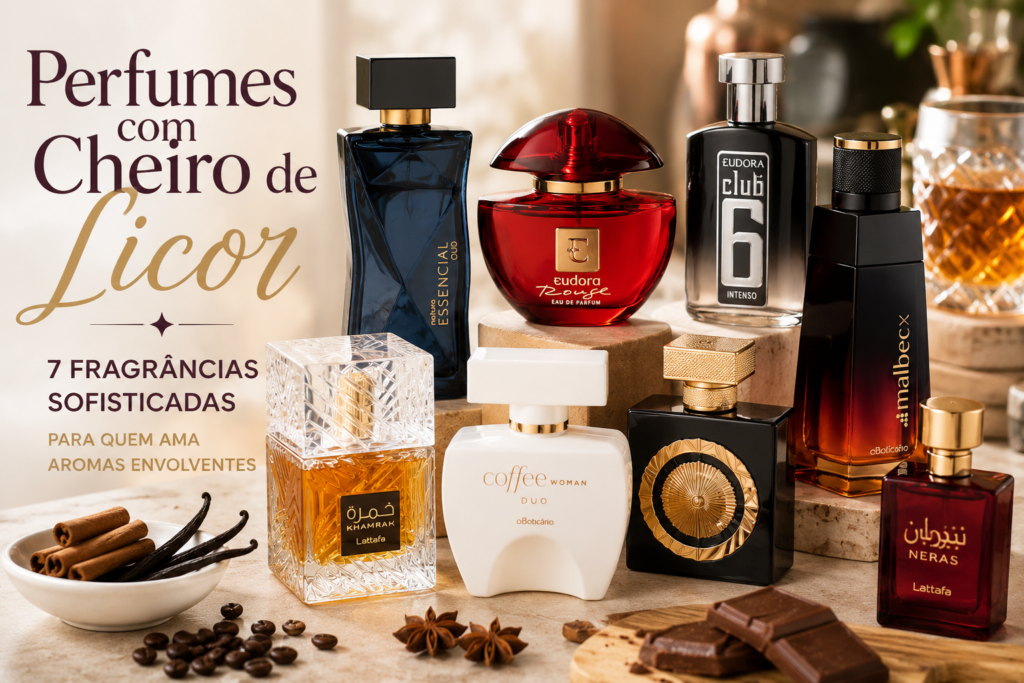 Perfumes com cheiro de licor reunidos em composição sofisticada com fragrâncias intensas e envolventes para noites especiais