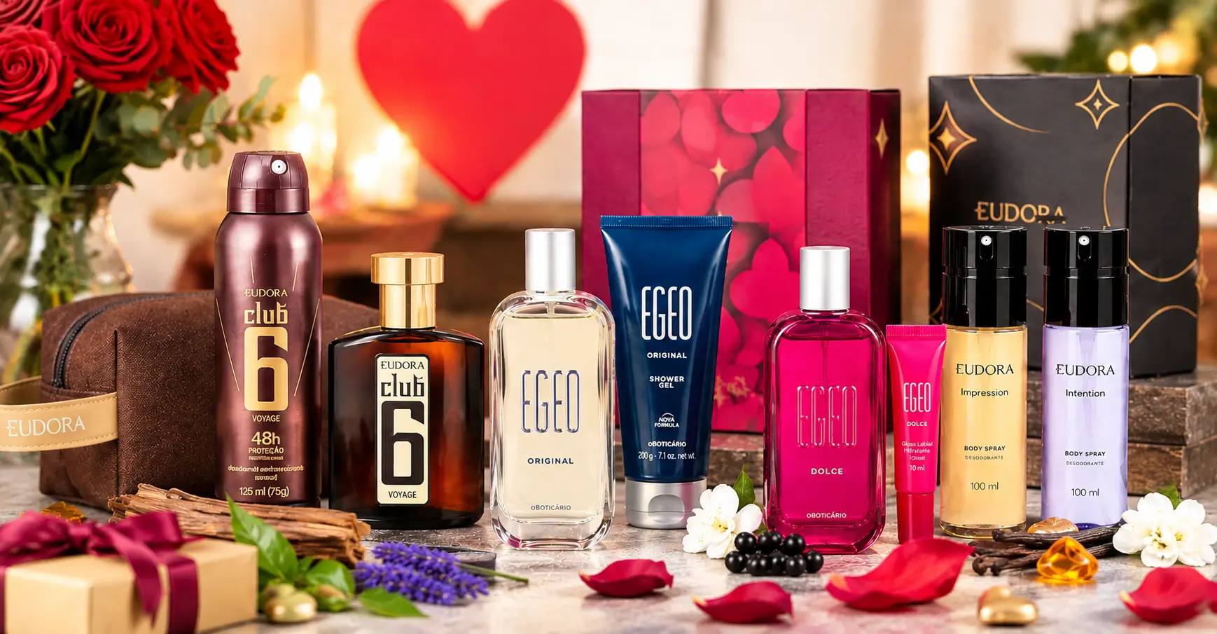 Perfumes para presentear no Dia dos Namorados com kits variados em cenário romântico com flores, velas e embalagens sofisticadas