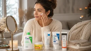 Skincare no inverno com rotina de limpeza, hidratação e proteção solar durante os dias frios