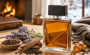 Perfume Essencial Masculino da Natura em frasco sofisticado com líquido âmbar em cenário aconchegante de inverno