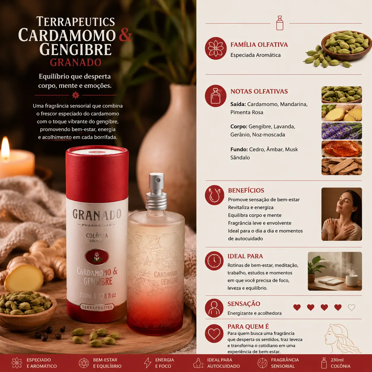 O que são perfumes sensoriais: Terrapeutics Cardamomo e Gengibre Granado em cenário acolhedor com especiarias e velas