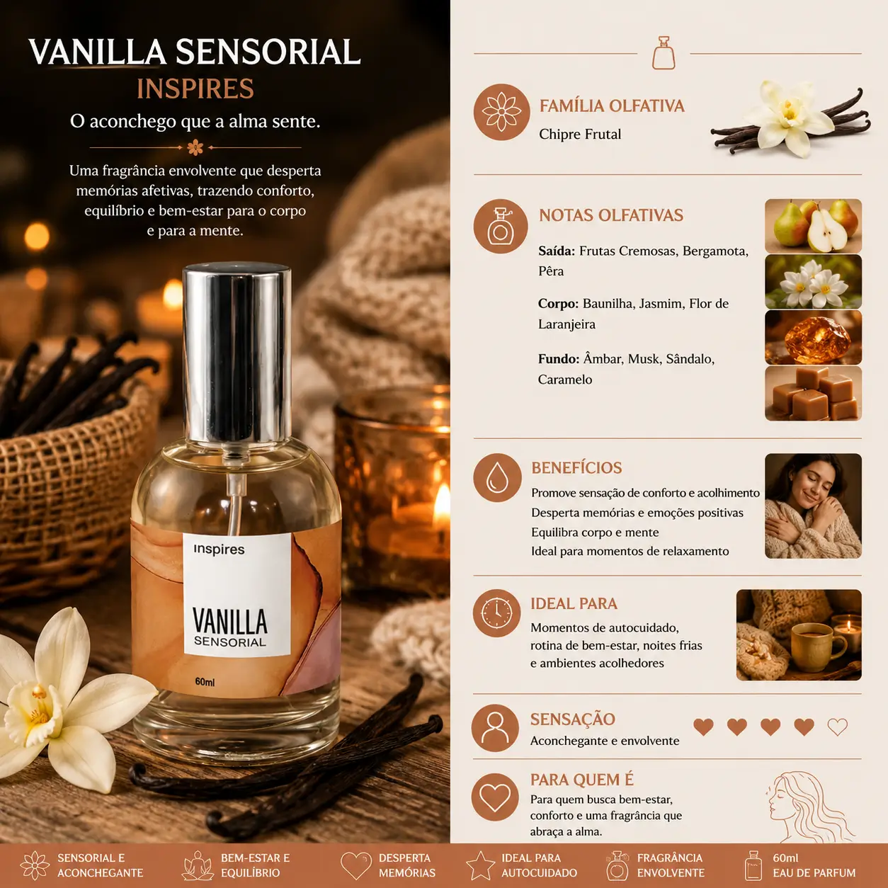 O que são perfumes sensoriais: fragrância Vanilla Sensorial Inspires em cenário aconchegante com velas e baunilha