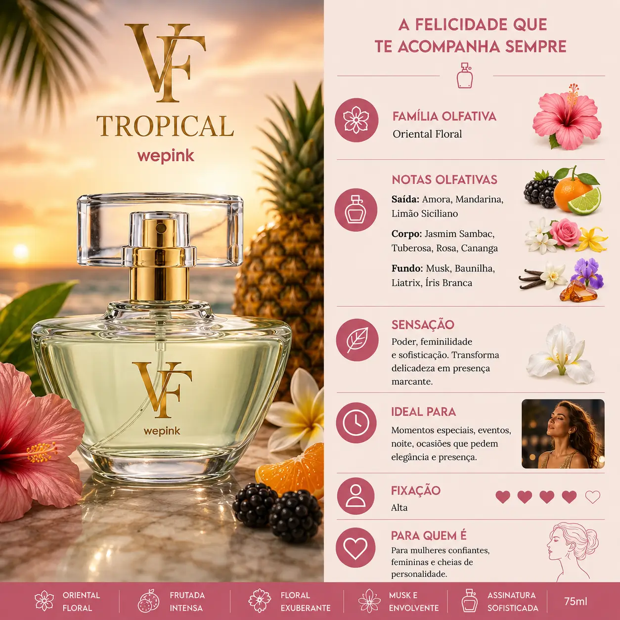 Perfume VF Tropical Wepink em cenário tropical com frutas e flores, destaque entre os lançamentos de perfumes em maio