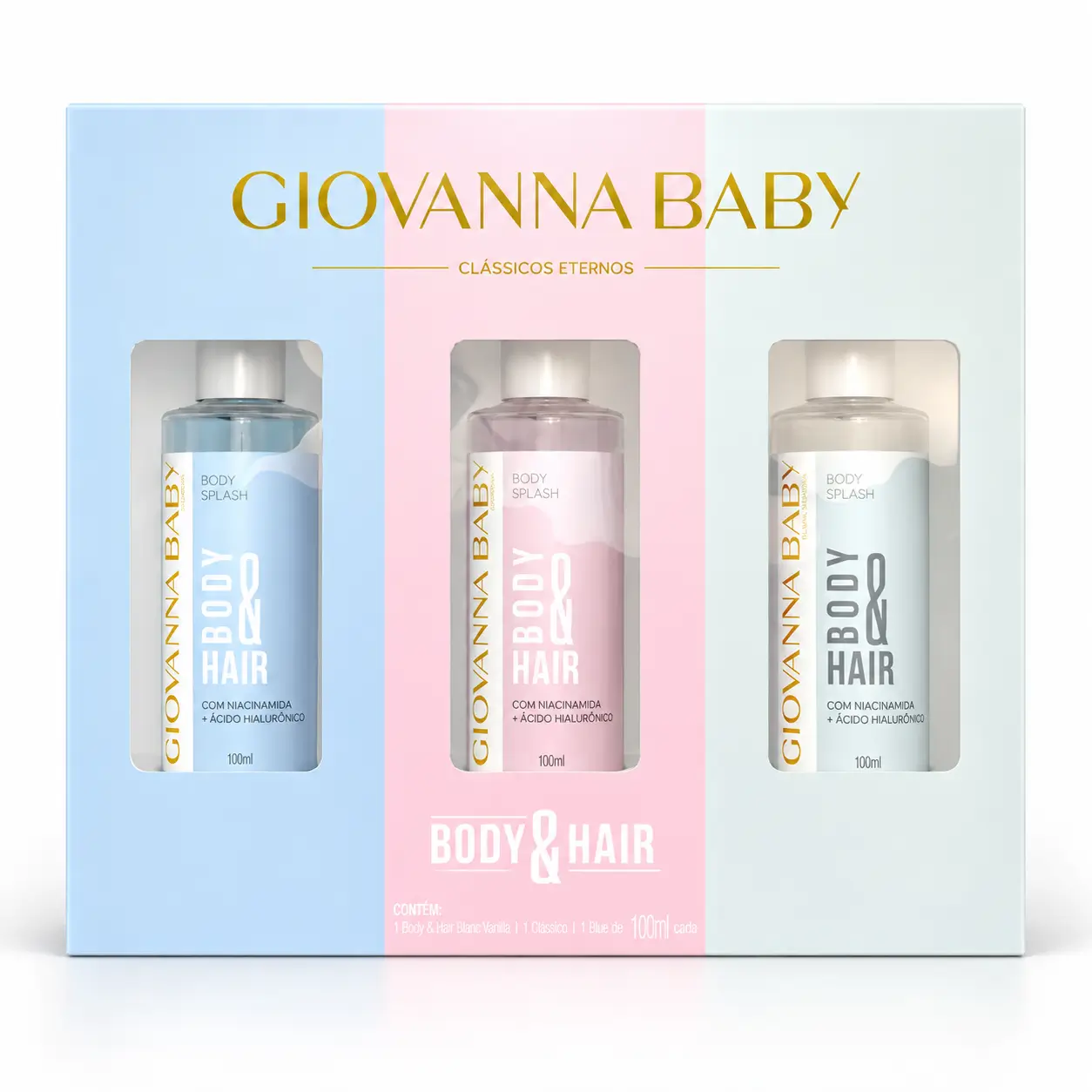 Kit Mini Body Splash Giovanna Baby Clássicos Eternos com três fragrâncias para corpo e cabelo: Blue, Classic e Blanc Vanilla, de 100 ml cada.