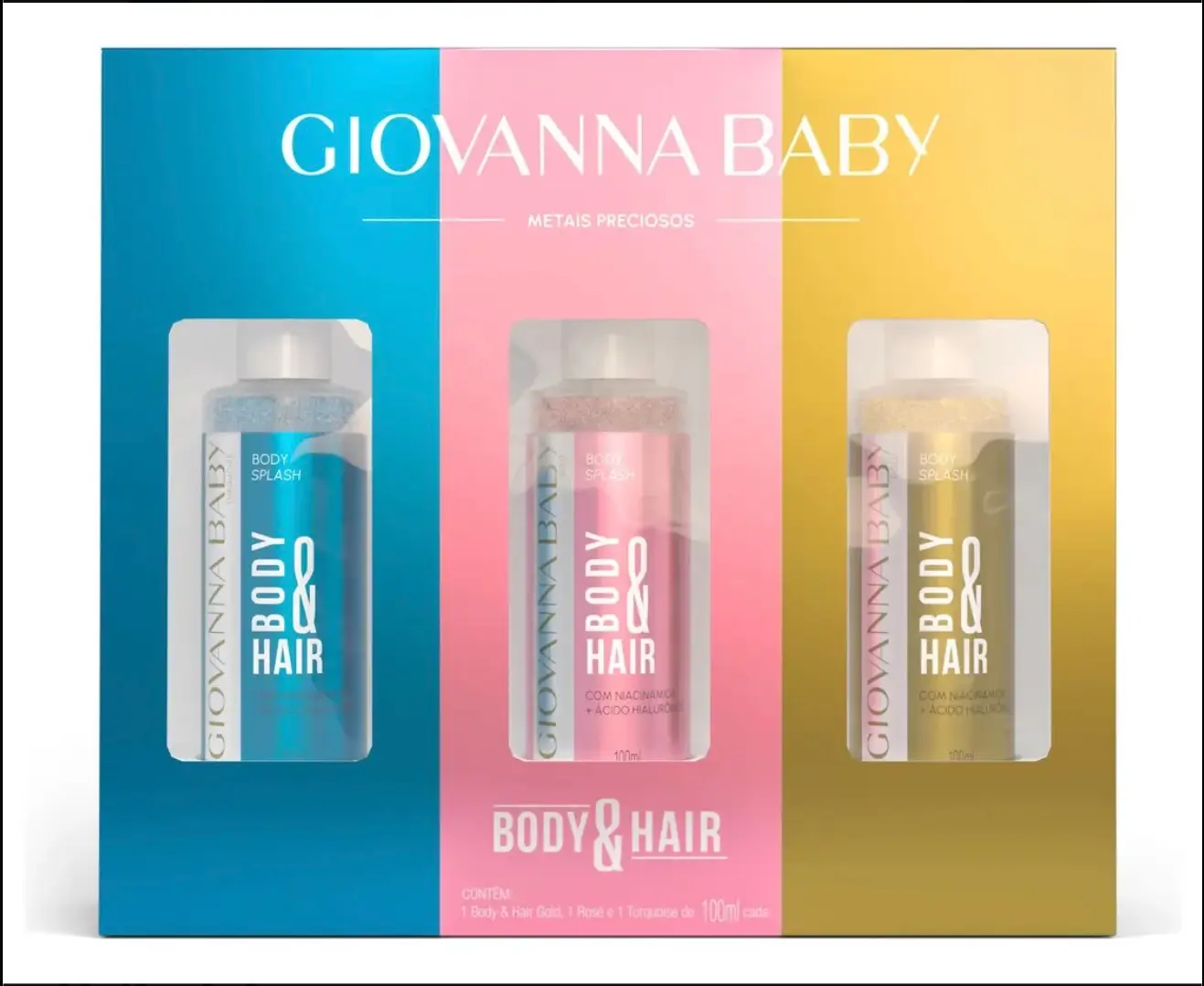 Kit Mini Body Splash Giovanna Baby Metais Preciosos com três fragrâncias para corpo e cabelo: Turquoise, Rosé e Gold, de 100 ml cada.