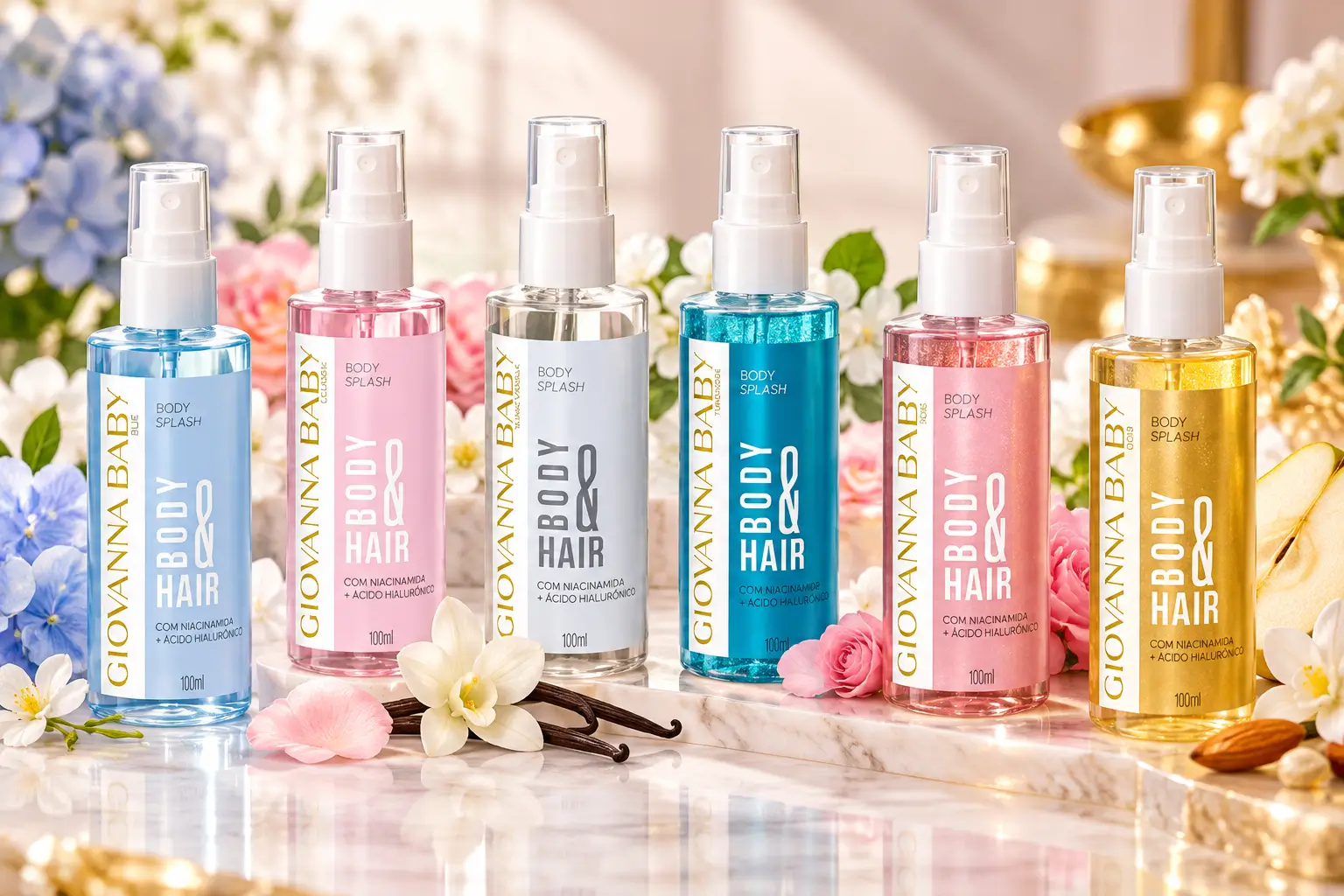 Mini Body Splash Giovanna Baby para corpo e cabelo com as seis fragrâncias: Blue, Classic, Blanc Vanilla, Turquoise, Rosé e Gold, em frascos de 100 ml.