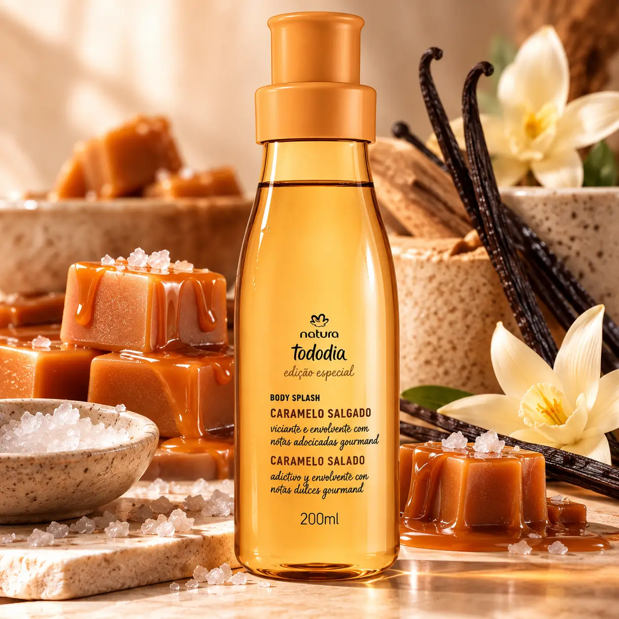 Body Splash Natura Tododia Caramelo Salgado 200 ml, com frasco âmbar cercado por caramelos, cristais de sal e baunilha.