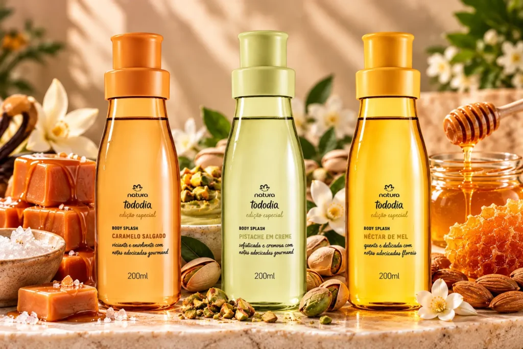 Três body splashes Natura Tododia Gourmand 200 ml: Caramelo Salgado, Pistache em Creme e Néctar de Mel, acompanhados de ingredientes que representam suas fragrâncias.