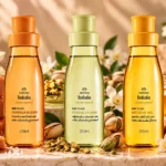 Três body splashes Natura Tododia Gourmand 200 ml: Caramelo Salgado, Pistache em Creme e Néctar de Mel, acompanhados de ingredientes que representam suas fragrâncias.