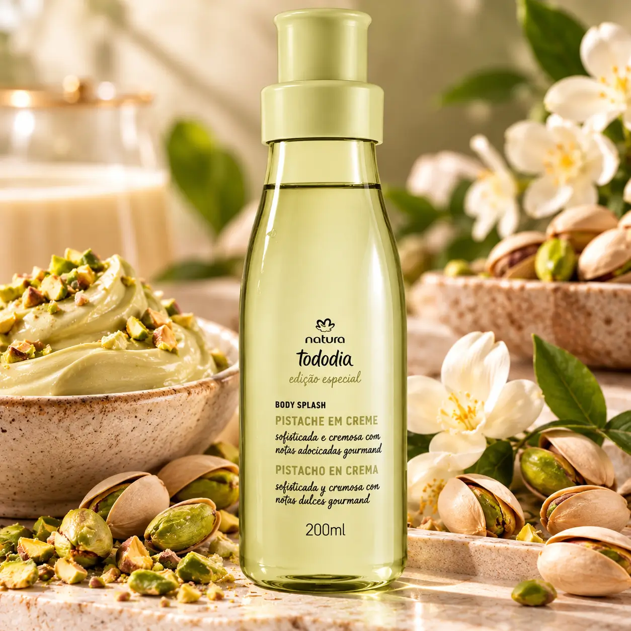 Body Splash Natura Tododia Pistache em Creme 200 ml, com frasco verde-claro cercado por pistaches, creme de pistache e flores brancas.