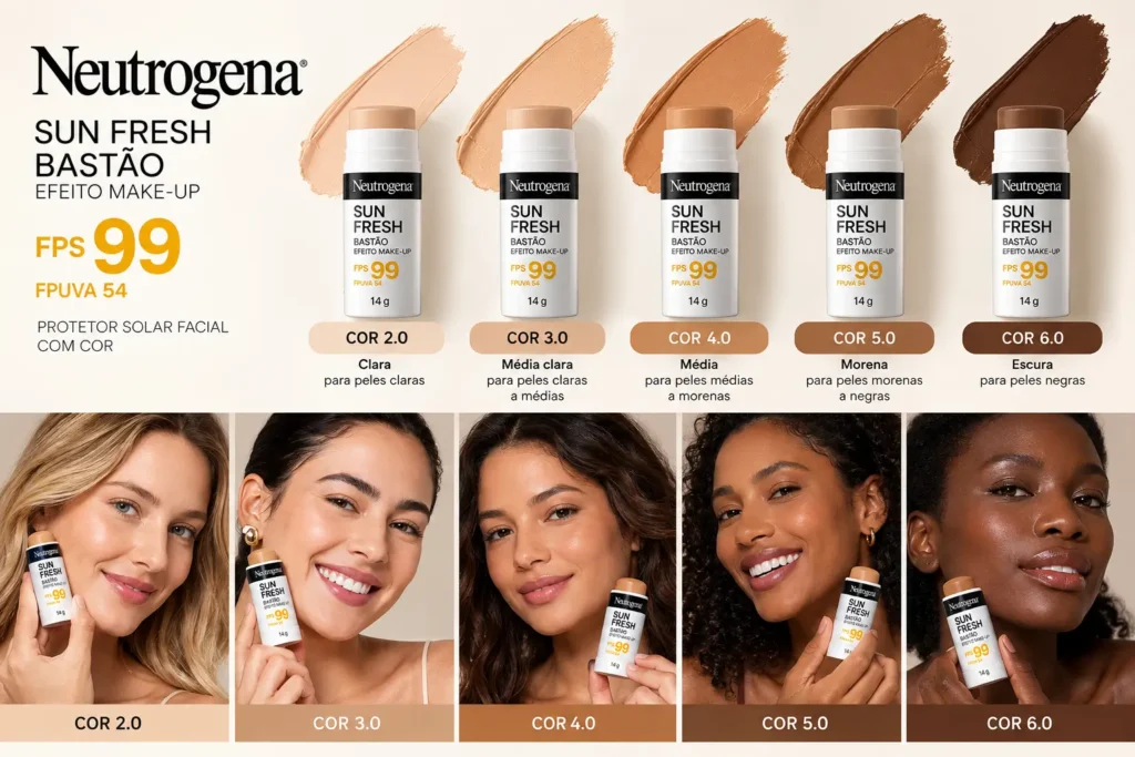 Neutrogena Sun Fresh Bastão FPS 99 com as cinco cores disponíveis, de 2.0 a 6.0.