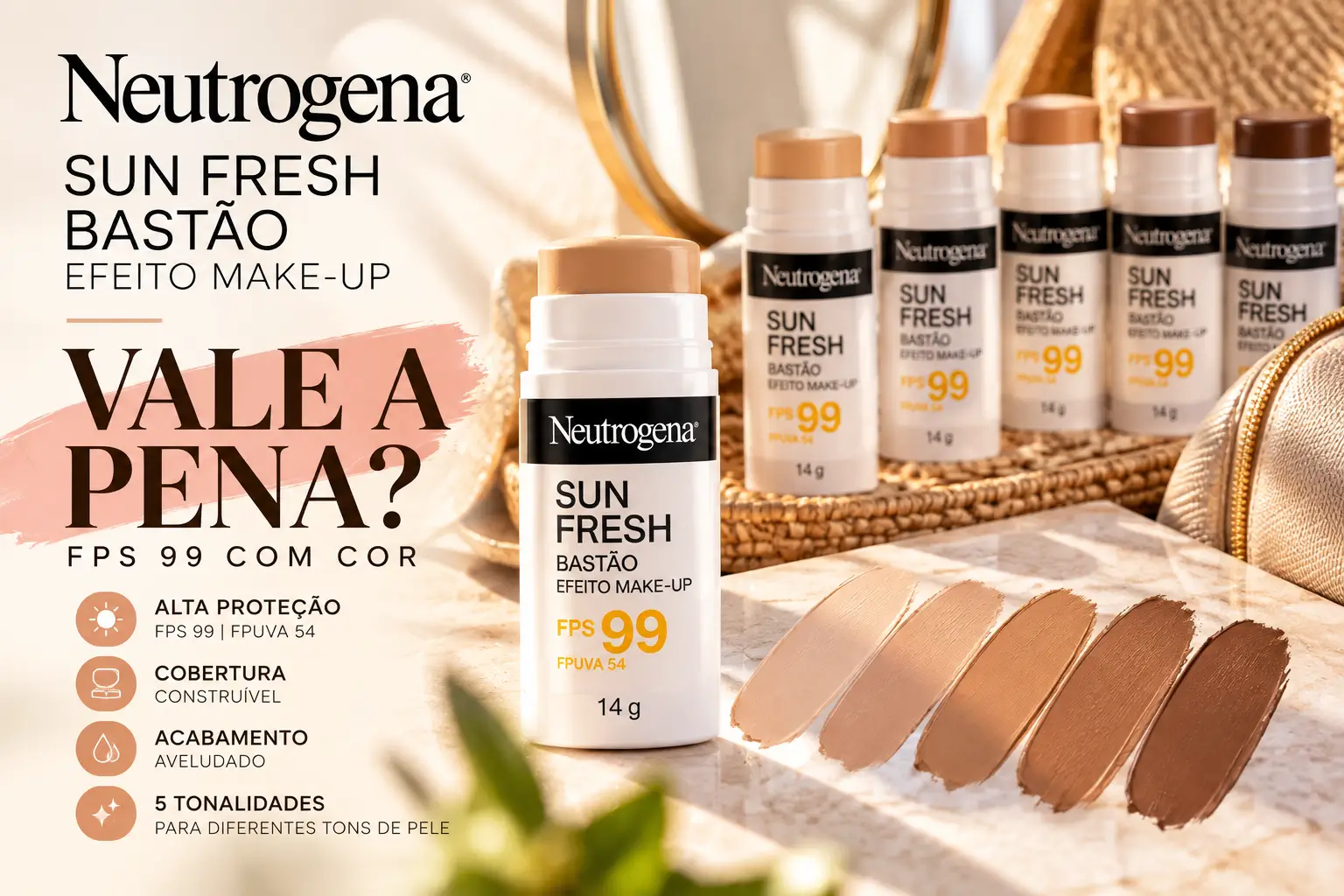 Neutrogena Sun Fresh Bastão FPS 99 com cor, cinco tonalidades e efeito maquiagem
