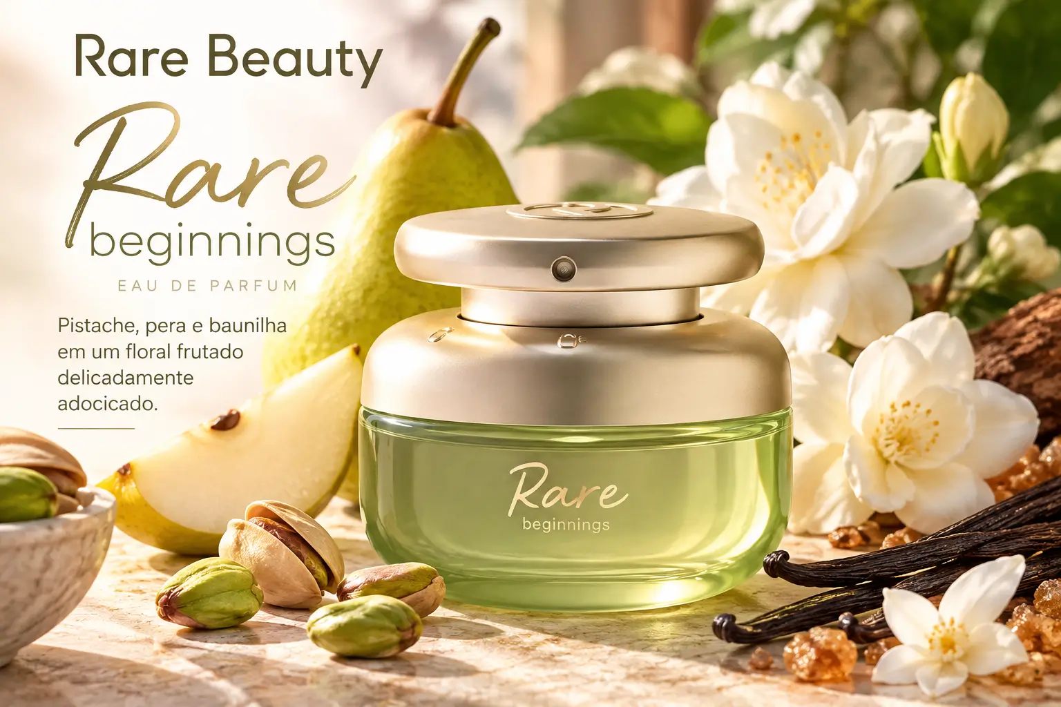 Rare Beginnings da Rare Beauty, perfume floral frutado com notas de pistache, pera e baunilha.