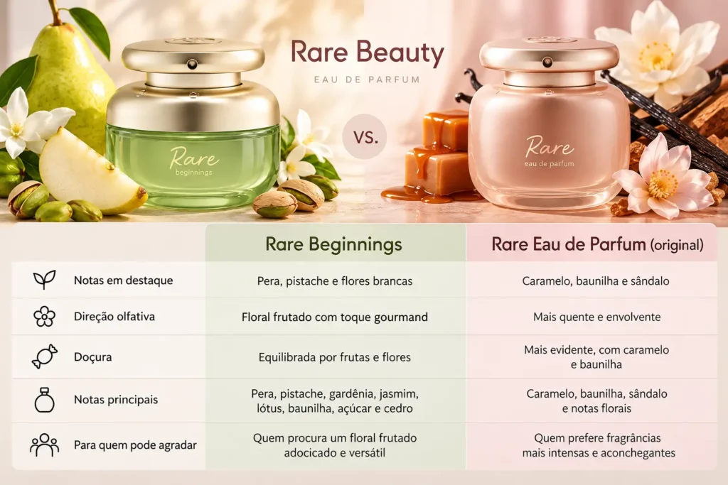 Rare Beginnings vs. Rare Eau de Parfum da Rare Beauty: comparação de notas olfativas, doçura e características das fragrâncias.